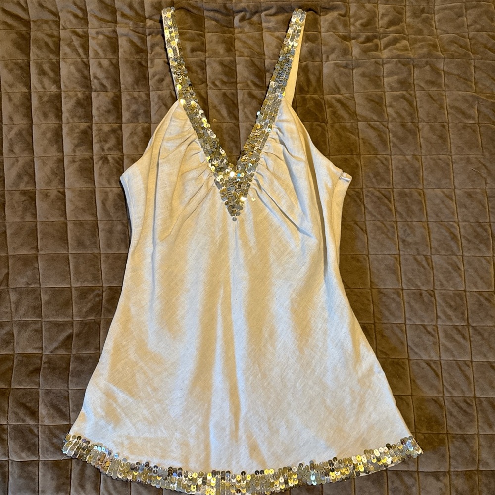 Y2K Linen Creamy White Tank Top with Gold & Silver Sequins - Size 4
